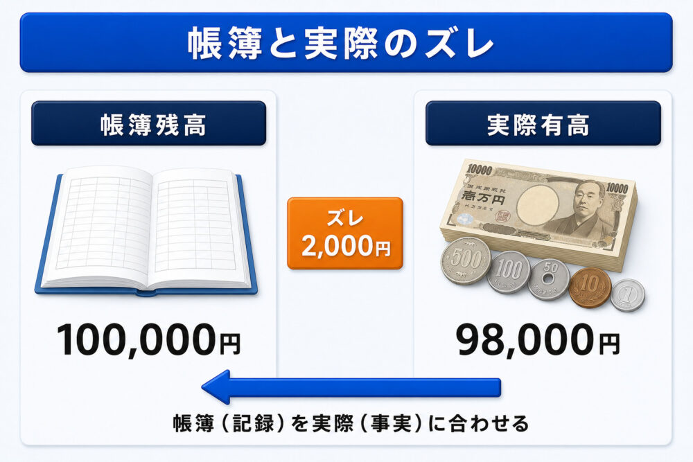 帳簿残高100,000円と実際有高98,000円のズレ2,000円を示す図解。帳簿（記録）を実際（事実）に合わせる