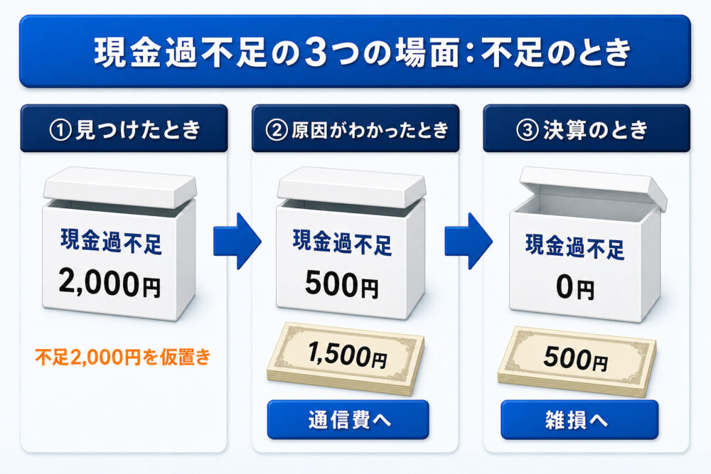 現金過不足の3つの場面（不足のとき）のタイムライン図解。仮置きした不足2,000円が通信費1,500円と雑損500円に振り替えられて0円になる