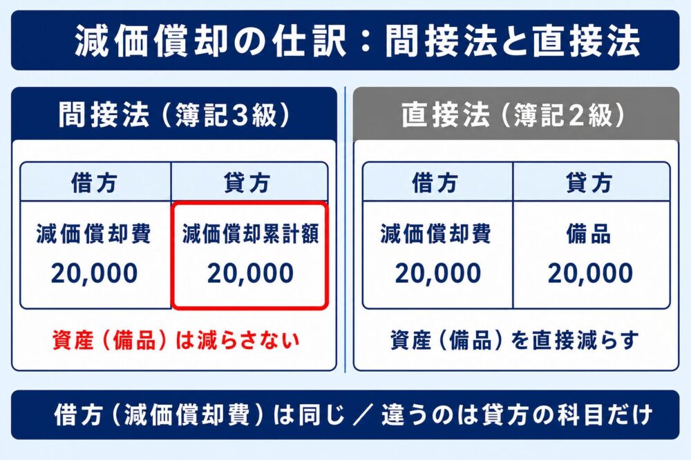 間接法と直接法の決算整理仕訳の比較図。間接法（簿記3級）は減価償却費20,000と減価償却累計額20,000で資産の備品は減らさない。直接法（簿記2級）は減価償却費20,000と備品20,000で資産を直接減らす。借方の減価償却費は同じで違うのは貸方の科目だけ