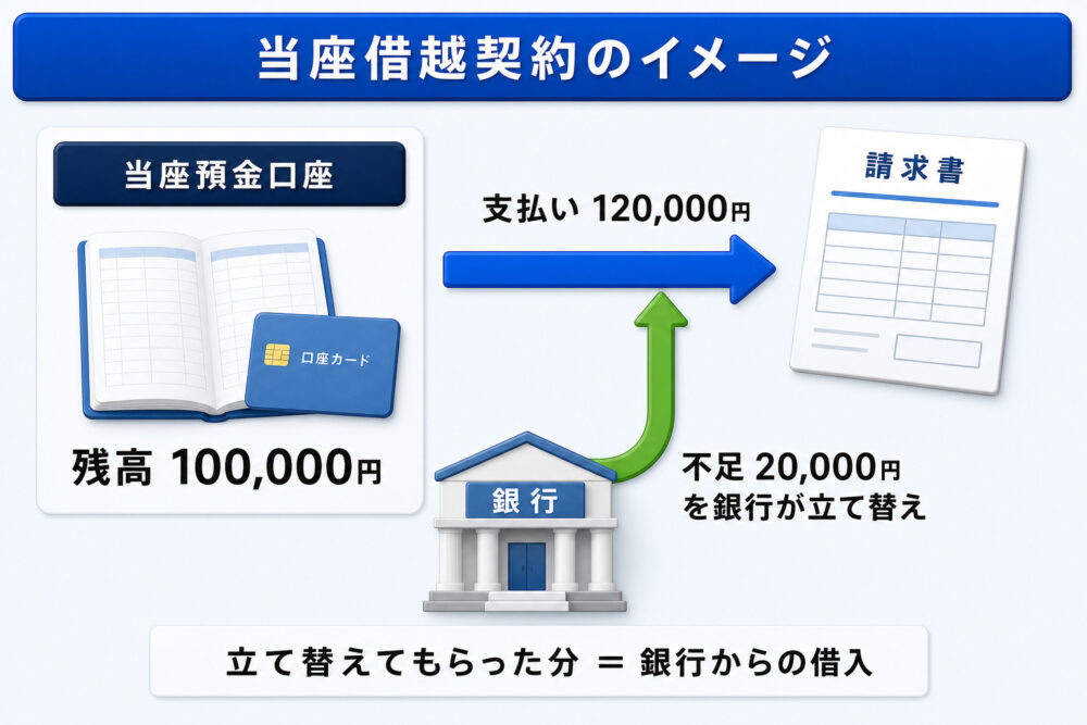 当座借越契約のイメージ図解。残高100,000円の当座預金口座から120,000円を支払い、不足20,000円を銀行が立て替える。立て替えてもらった分は銀行からの借入