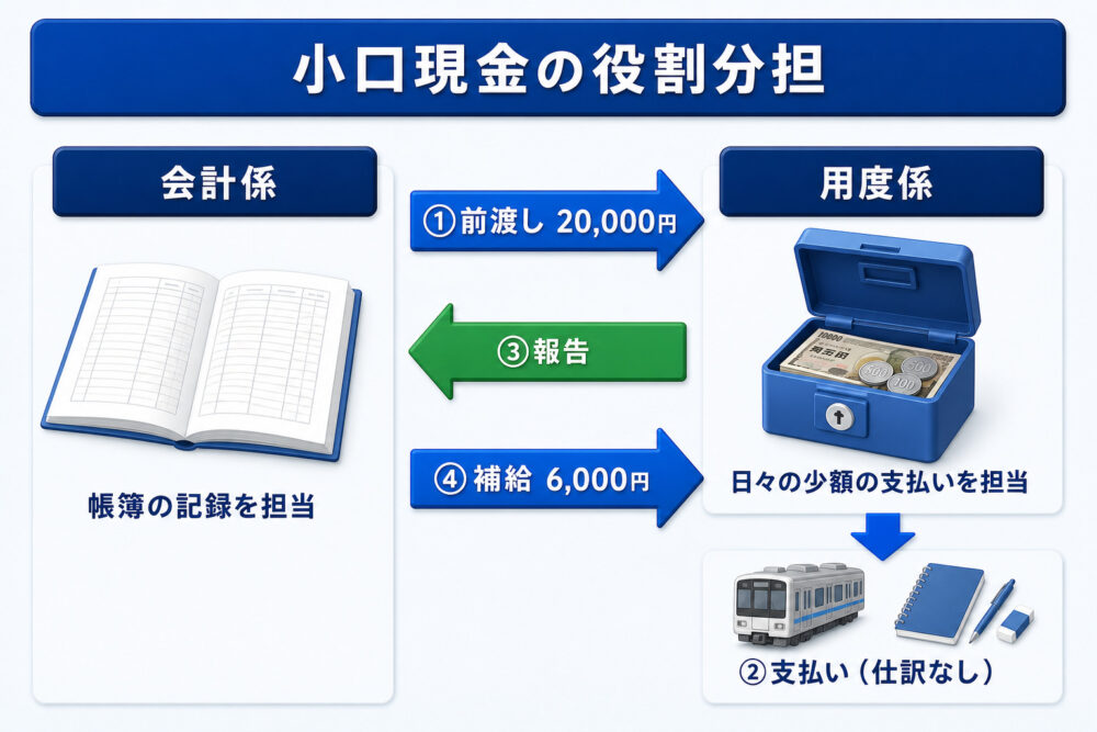 小口現金の役割分担の図解。会計係(帳簿の記録を担当)と用度係(日々の少額の支払いを担当)の間の①前渡し20,000円・③報告・④補給6,000円の流れと、②支払い(仕訳なし)