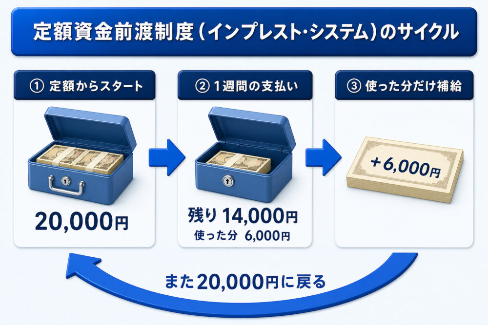 定額資金前渡制度(インプレスト・システム)のサイクル図解。定額20,000円から支払いで残り14,000円になり、使った分6,000円を補給してまた20,000円に戻る