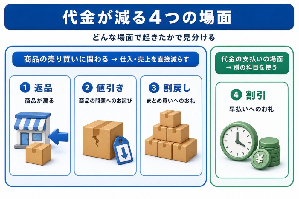 返品・値引き・割戻し・割引の見分け方の整理図。返品・値引き・割戻しは商品の売り買いに関わり仕入・売上を直接減らす。割引だけは代金の支払いの場面で別の科目を使う