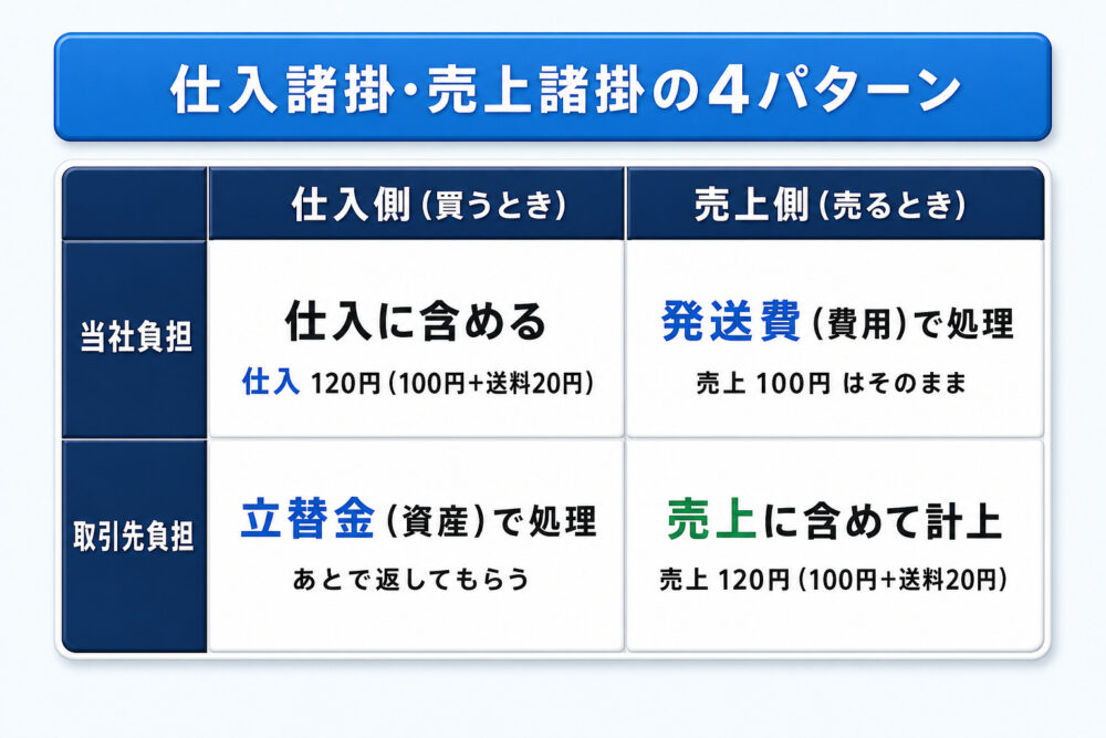 仕入諸掛・売上諸掛の処理4パターン（当社負担・取引先負担×仕入側・売上側）の一覧図解