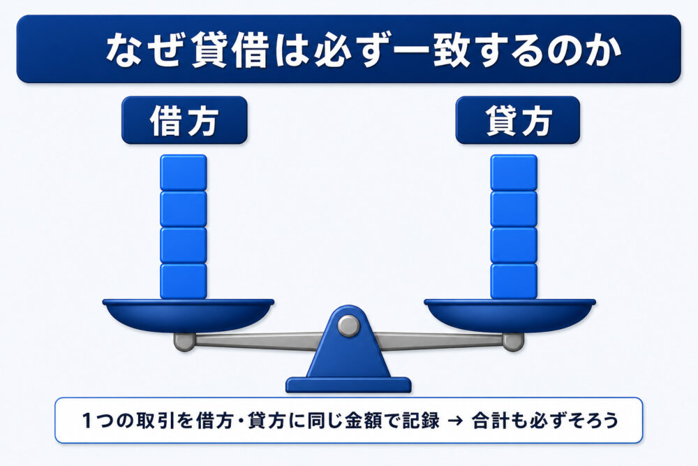 なぜ貸借は必ず一致するのかを表す天びんの図解。借方・貸方のお皿に同じ数のブロックが縦に積み上がり、天びんがつり合う。1つの取引を借方・貸方に同じ金額で記録するので合計も必ずそろう