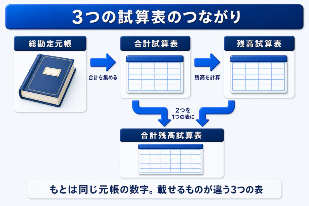 3つの試算表のつながりの図解。総勘定元帳から合計を集めると合計試算表、残高を計算すると残高試算表、2つを1つの表にまとめると合計残高試算表になる。もとは同じ元帳の数字で、載せるものが違う3つの表