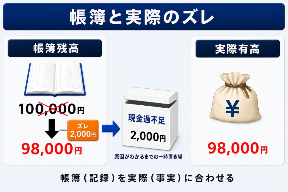 帳簿と実際のズレの図解。帳簿残高側＝開いた帳簿・バツ印で消した100,000円・下向きの矢印・赤字で書き直した98,000円。実際有高側＝¥マーク付きの巾着袋・赤字の98,000円（赤字の2つの金額が同額になったことを示す）。書き直しの矢印の横にズレ2,000円のバッジがあり、そこから矢印で中央の「現金過不足 2,000円」の箱（原因がわかるまでの一時置き場）に入る。下部に「帳簿（記録）を実際（事実）に合わせる」の一文