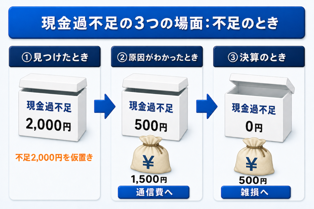 現金過不足の3つの場面（不足のとき）のタイムライン図解。仮置きした不足2,000円が通信費1,500円と雑損500円に振り替えられて0円になる