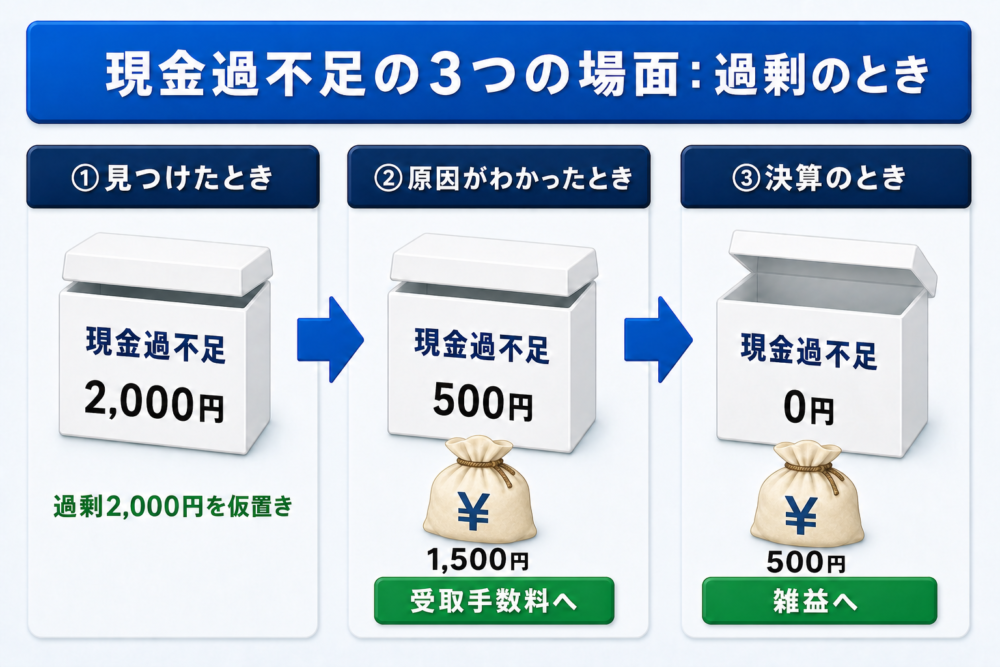 現金過不足の3つの場面（過剰のとき）のタイムライン図解。仮置きした過剰2,000円が受取手数料1,500円と雑益500円に振り替えられて0円になる